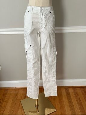 Women's White Cargo Pants with Utility Pockets and Straight Leg